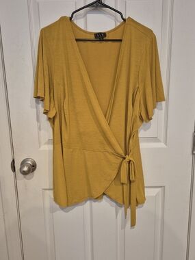 OLM Mustard Wrap Front Flutter Sleeve Top #260